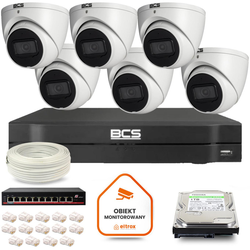 Zestaw monitoringu IP BCS Line 6x Kamera BCS-L-EIP14FSR3-AI1 Rejestrator z dyskiem 1TB