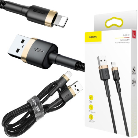 KABEL USB-A / Lightning iPhone Baseus Cafule CALKLF-BV1 100cm Apple 2.4A CZARNO-ZŁOTY W OPLOCIE