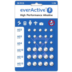 Zestaw 30 baterii 1,5V 10x AG3 / LR41 5x AG4 / LR626 5x AG10 / LR1130 10x AG13 / LR1154 everActive