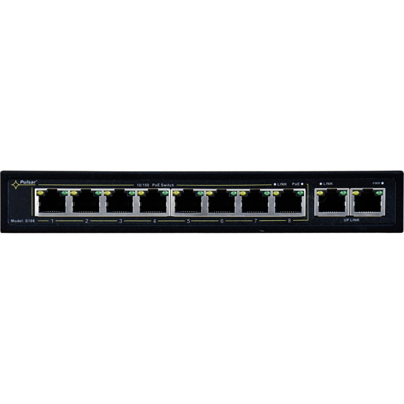 SWITCH POE PULSAR S108 10-PORTÓW (8xPoE + 2xUPLINK)  IEEE 802.3af/at, 48VDC / 30W/port (PoE+) 120W