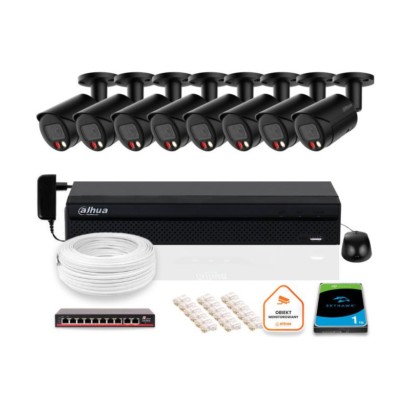 Zestaw monitoringu IP DAHUA 8x kamera IPC-HFW2849S-S-IL-0280B-BLACK 8MPX