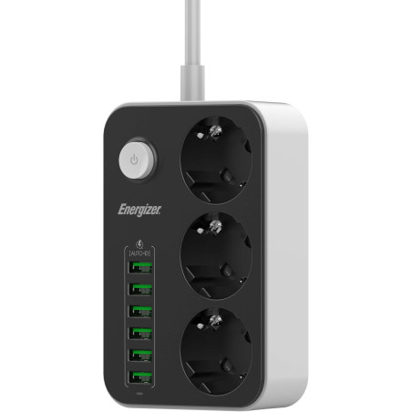 LISTWA ZASILAJĄCA Z WYŁĄCZNIKIEM Energizer 3x SCHUKO 6x USB-A 2500W 10A KABEL 2M