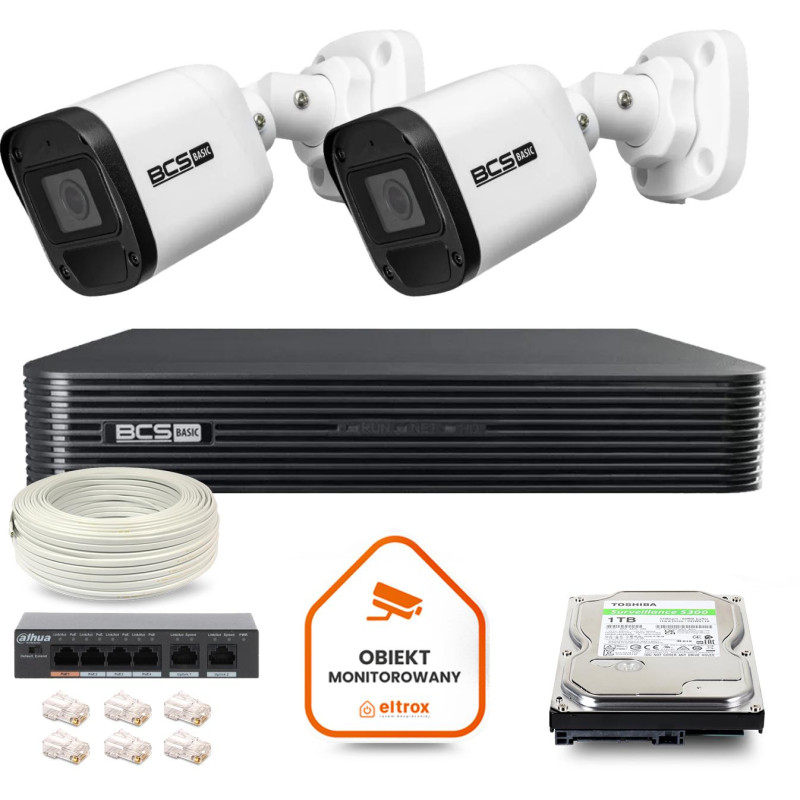 Zestaw monitoringu IP BCS Basic 2x Kamera BCS-B-TIP15FR3(2.0) Rejestrator z dyskiem 1TB