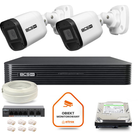 Zestaw monitoringu IP BCS Basic 2x Kamera BCS-B-TIP15FR3(2.0) Rejestrator z dyskiem 1TB