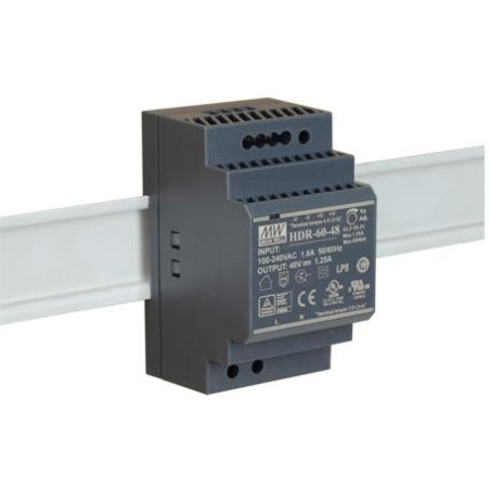 ZASILACZ IMPULSOWY NA SZYNĘ DIN MEAN WELL HDR-60-48 48V/60W/1.25A