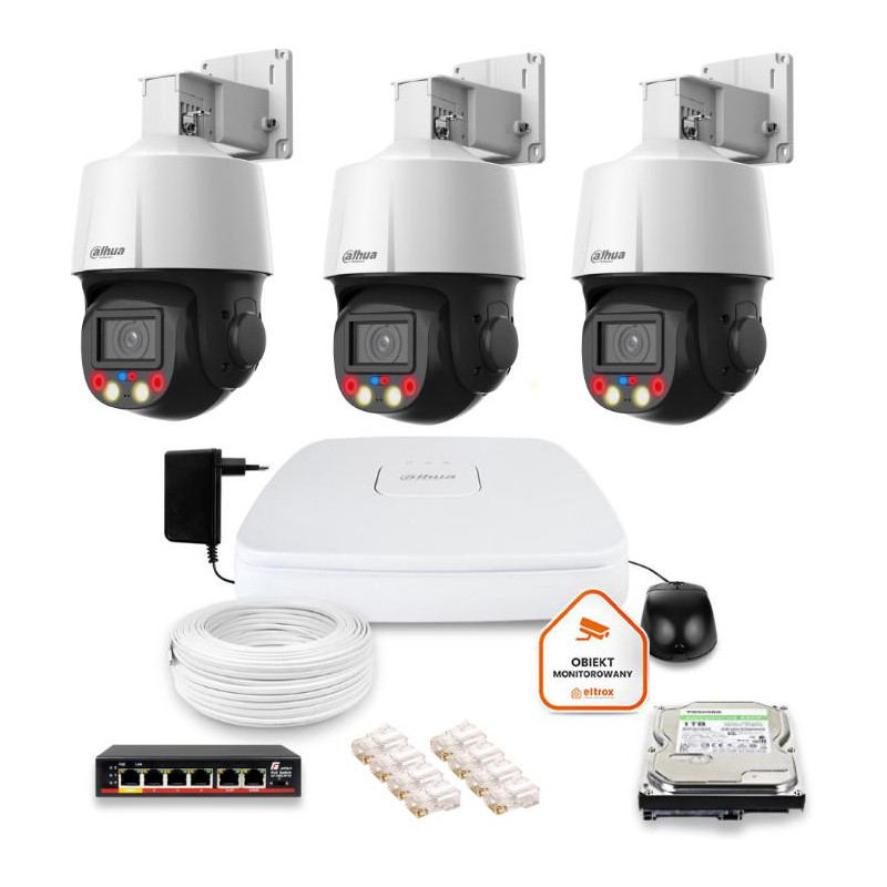 Zestaw monitoringu IP Dahua 3 kamery obrotowe 4MPx dysk 1TB