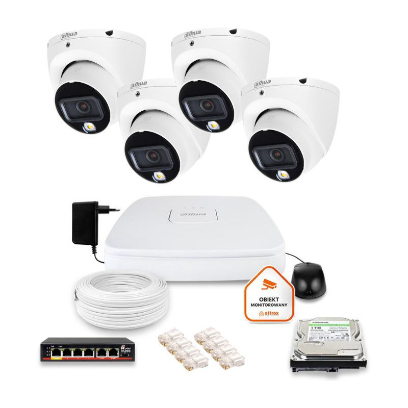 Zestaw monitoringu IP Dahua 4 kamery kopułkowe 6Mpx Dysk 1TB