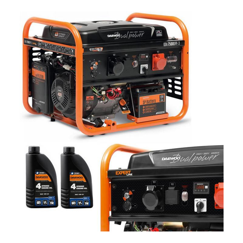 ZESTAW AGREGAT PRĄDOTWÓRCZY DAEWOO GDA 7500DPE-3 6.5kW + 2x ENERATOR OIL SAE 10W-30 DWO 600