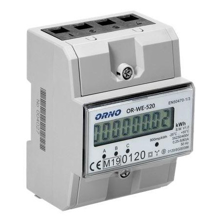 OR-WE-520 ORNO 3-fazowy licznik energii elektrycznej, 80A, MID, 3 moduły, DIN TH-35mm