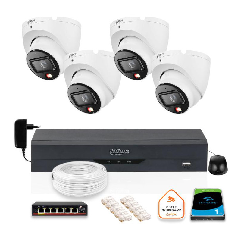 Zestaw monitoringu IP Dahua 4 kamery kopułkowe 6Mpx Dysk 1TB