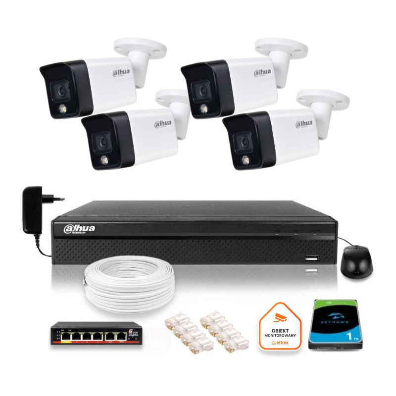 Zestaw monitoringu IP Dahua 4 kamery tubowe 6Mpx Dysk 1TB