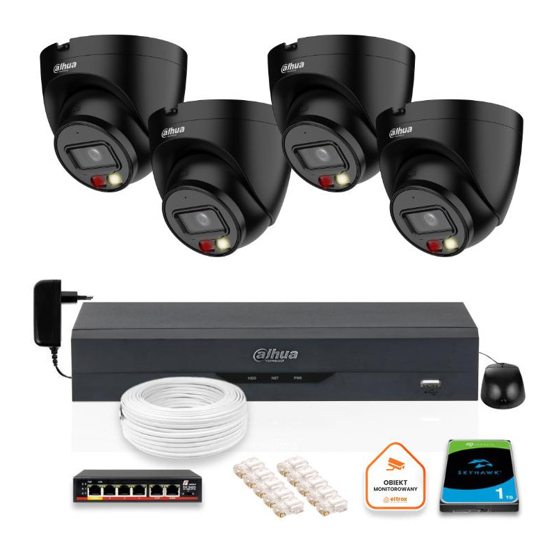 ZESTAW 4 Kamery IP Dahua 4mpx IPC-HDW1439V-A-IL-BLACK + DYSK 1TB