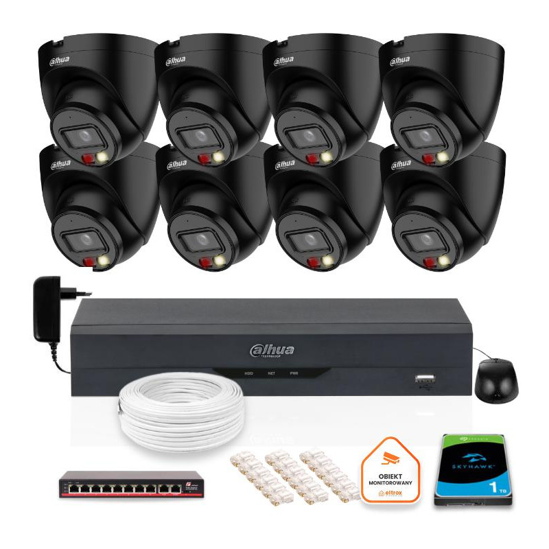 ZESTAW 8 Kamer IP Dahua 4mpx IPC-HDW1439V-A-IL-BLACK + DYSK 1TB